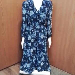J. Crew Long Sleeve Floral Ruffled Poly Maxi Dress in Navy/Light Blue, Size 10.